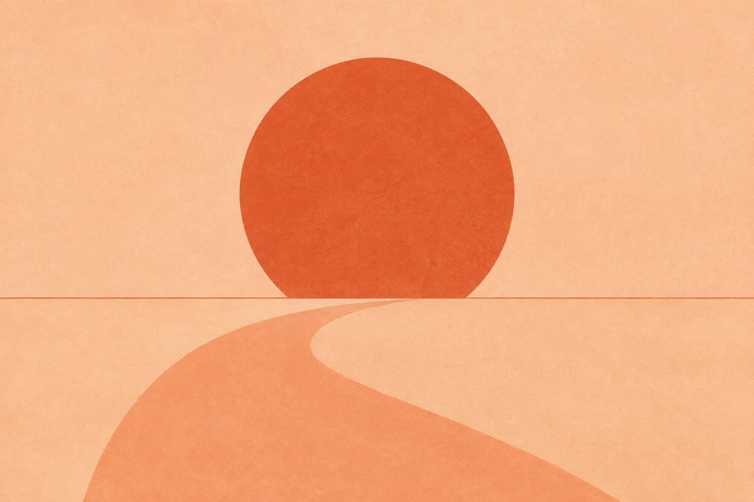 A rust-colored sun and a path on warm peach paper.
